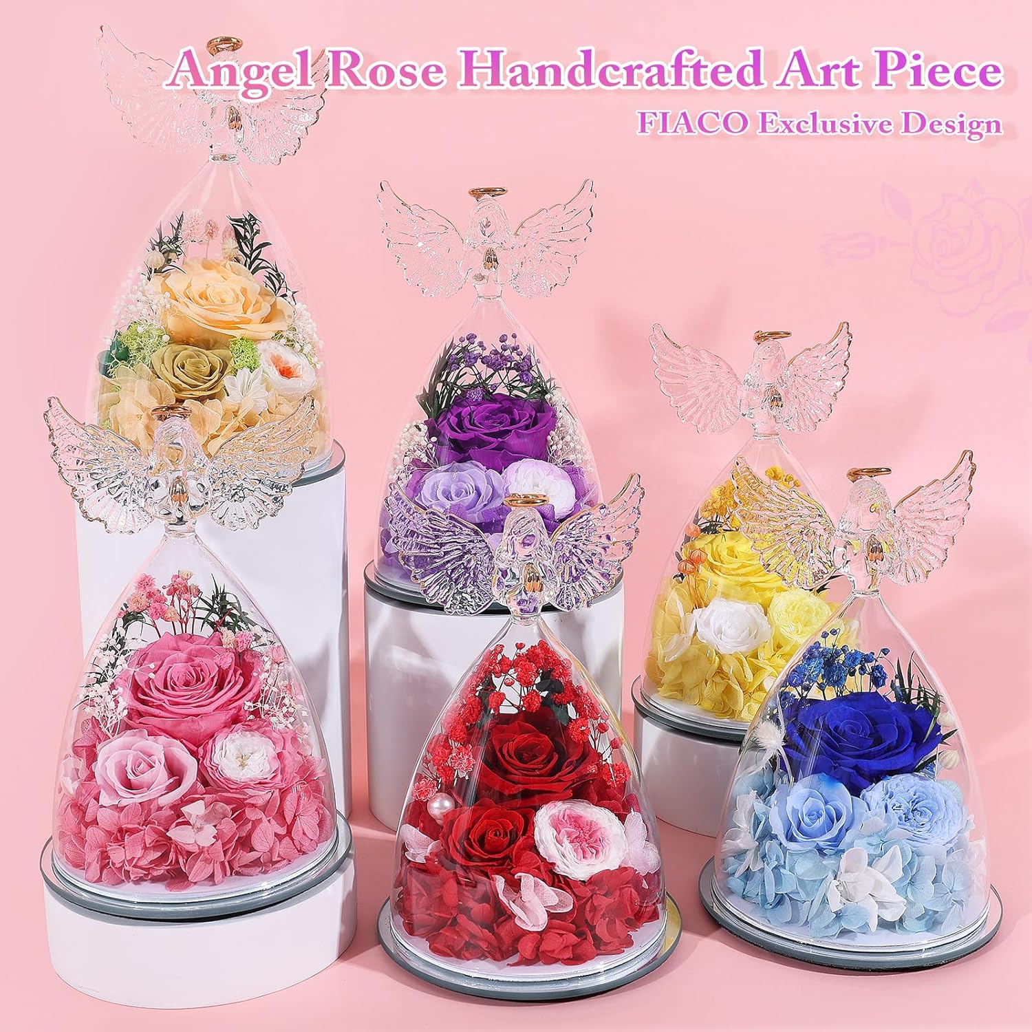 FIACO Valentines Day Gifts for Her Women Birthday Preserved Rose in Glass Angel Figurine Forever Fresh Flower for Delivery, Valentines Flowers Gifts for Mom Grandma Wife Daughter Pink - Image 6