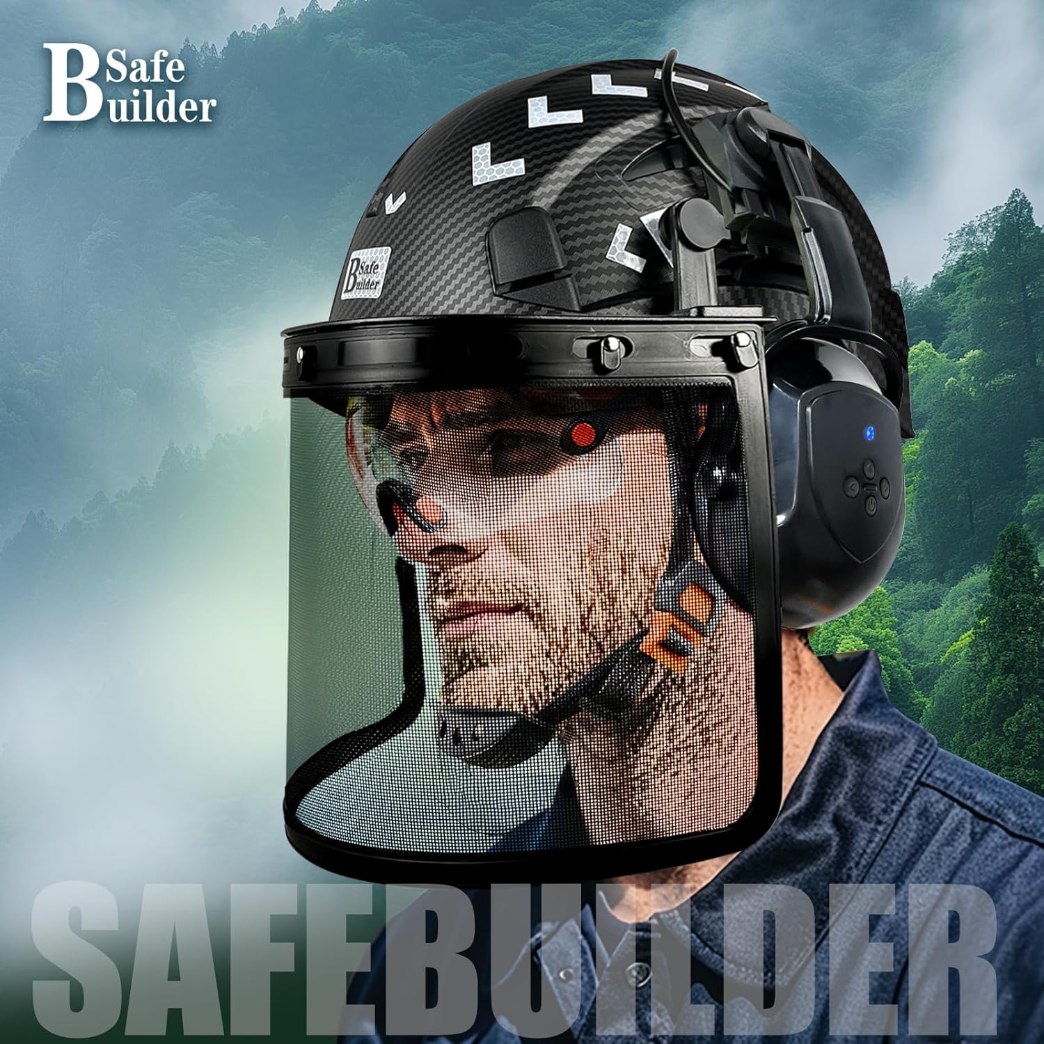 SAFEBUILDER Forestry Chainsaw Tree Work Safety Helmet Vented Hard Hats Bluetooth Ear Muffs Face Shield Outdoor Hardhats ANSI Z89.1