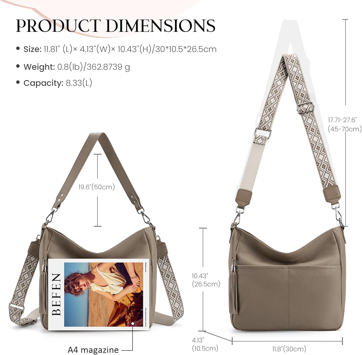 befen Genuine Leather Purse for Women Soft Leather Hobo Crossbody with 2 Detachable Straps Large Womens Purses And Handbags