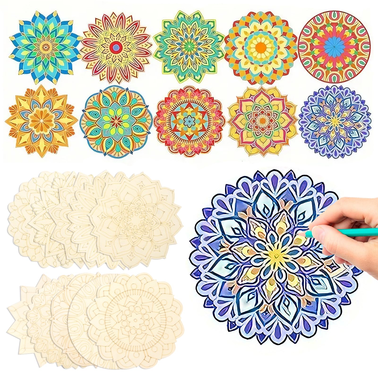 Ensemble de peinture mandala en bois, 10 pièces, bordure décorative en bois brut à peindre, mandala, ornement pour adultes pour se détendre, peinture, bricolage, décorations d'intérieur