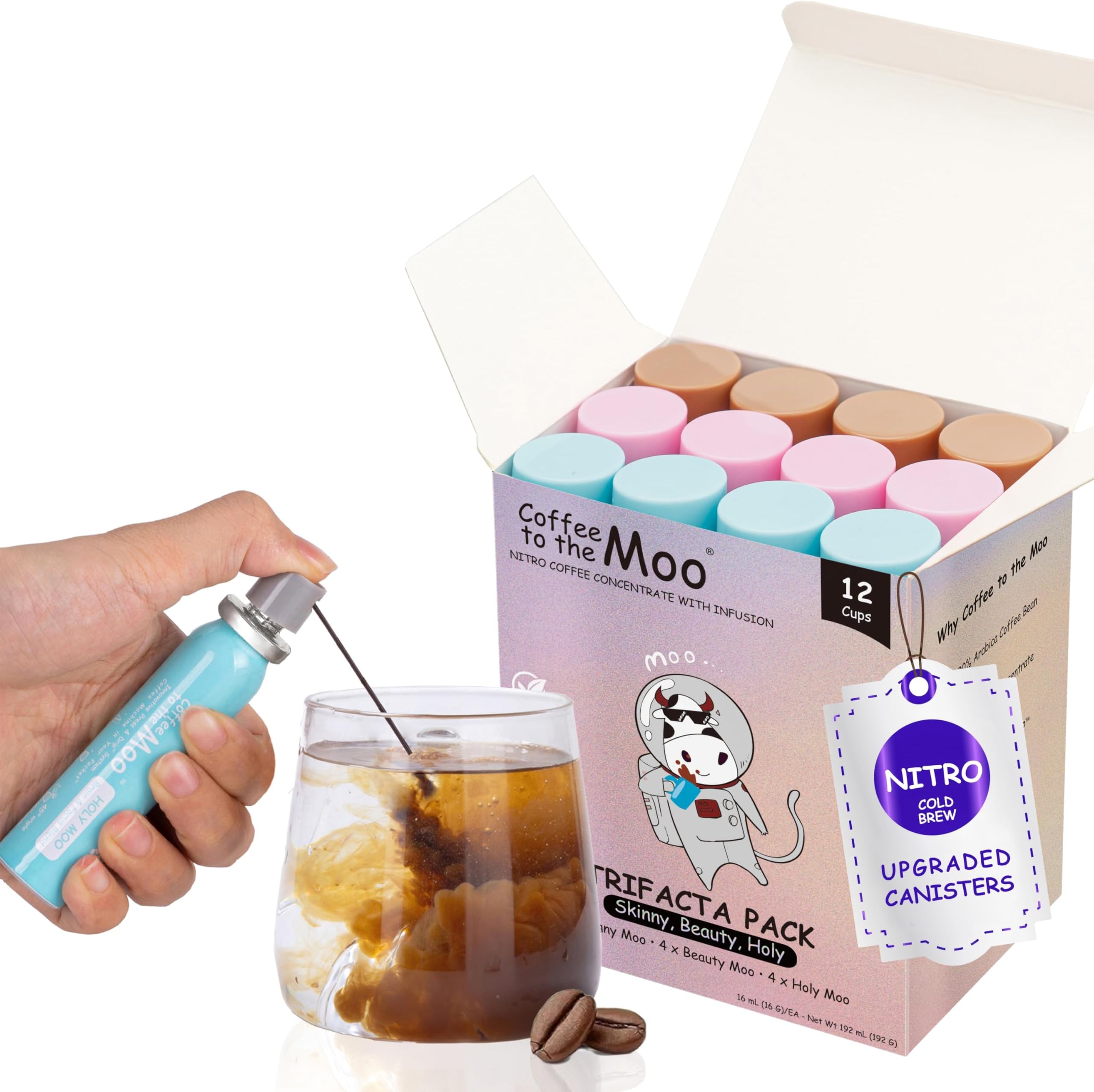 Coffee to the Moo Nitro Cold Brew Coffee Concentrate, Mix Pack (KETO, Collagen & Mushroom Coffee), Instant Hot or Iced, Pocket/Purse Sized & Travel Friendly, Upgraded Canisters, 12 Cups