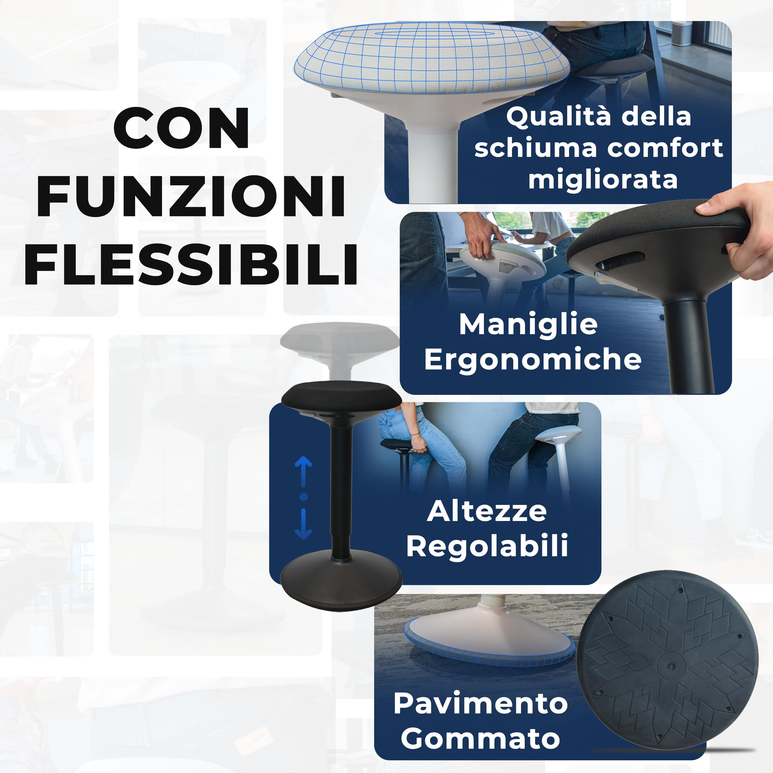 Backerz Sgabello Ergonomico - Sgabello Girevole da 55 a 80 cm con effetto dondolo - Sedia da Ufficio per Casa, Ufficio, Studio - Cuscino a Schiuma, Esterno in Lino Impermeabile - Bianco Opaco