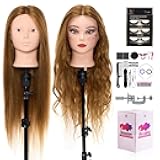 Mannequin Head with 80% Real Human Hair, 28 Inch Make up Cosmetology Manikin Practice Head with Hair,Braiding Hairdressing Doll Head with Table Clamp + DIY Hair Styling Set