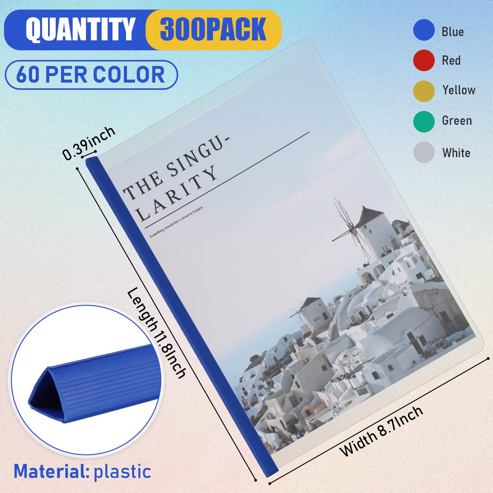 300 Pcs Clear Report Covers Bulk with Sliding Bar Paper Presentation Folders Plastic Report Binder School File Paper Organizer for Presentation Document Resume 11.8 x 8.7 Inches (Multicolor)