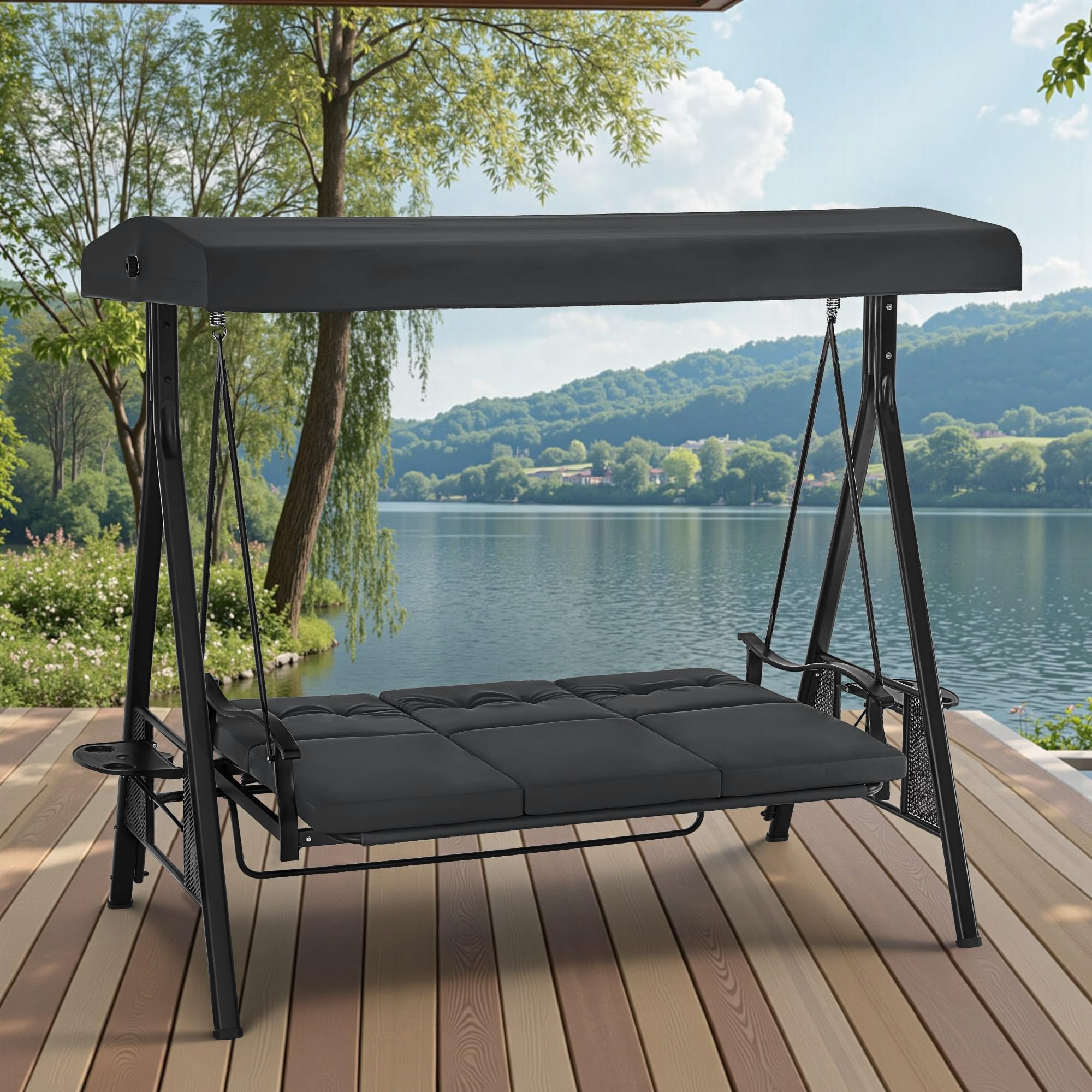 M MCombo 3-Sitzer Hollywoodschaukel mit Liegefunktion, Verstellbarem Sonnendach & Getränkehalter, Gartenschaukel bis 360kg Belastbar Schaukelbank Outdoor Wetterfest 204x118x181 cm 4093 (dunkgelgrau)