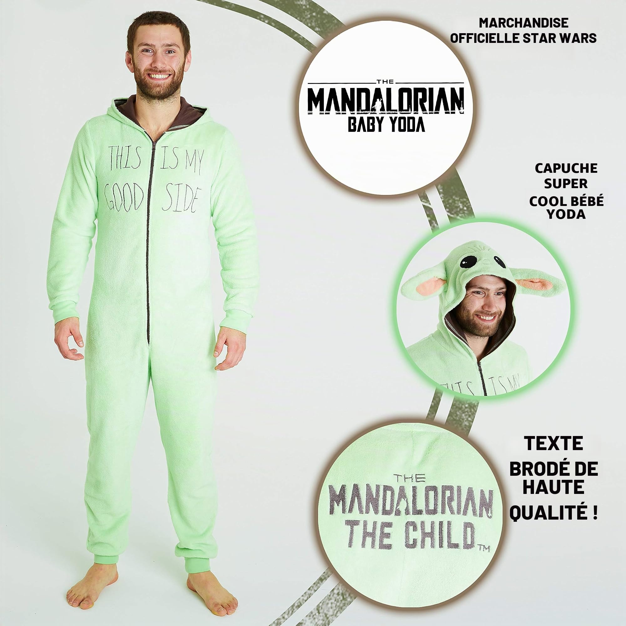 Disney The Mandalorian Combinaison Pyjama Homme de Bebe Yoda, Pyjama Chaud en Polaire Douce avec Capuche, Idée De Cadeau pour Adulte Ou Ado Taille S à 3XL