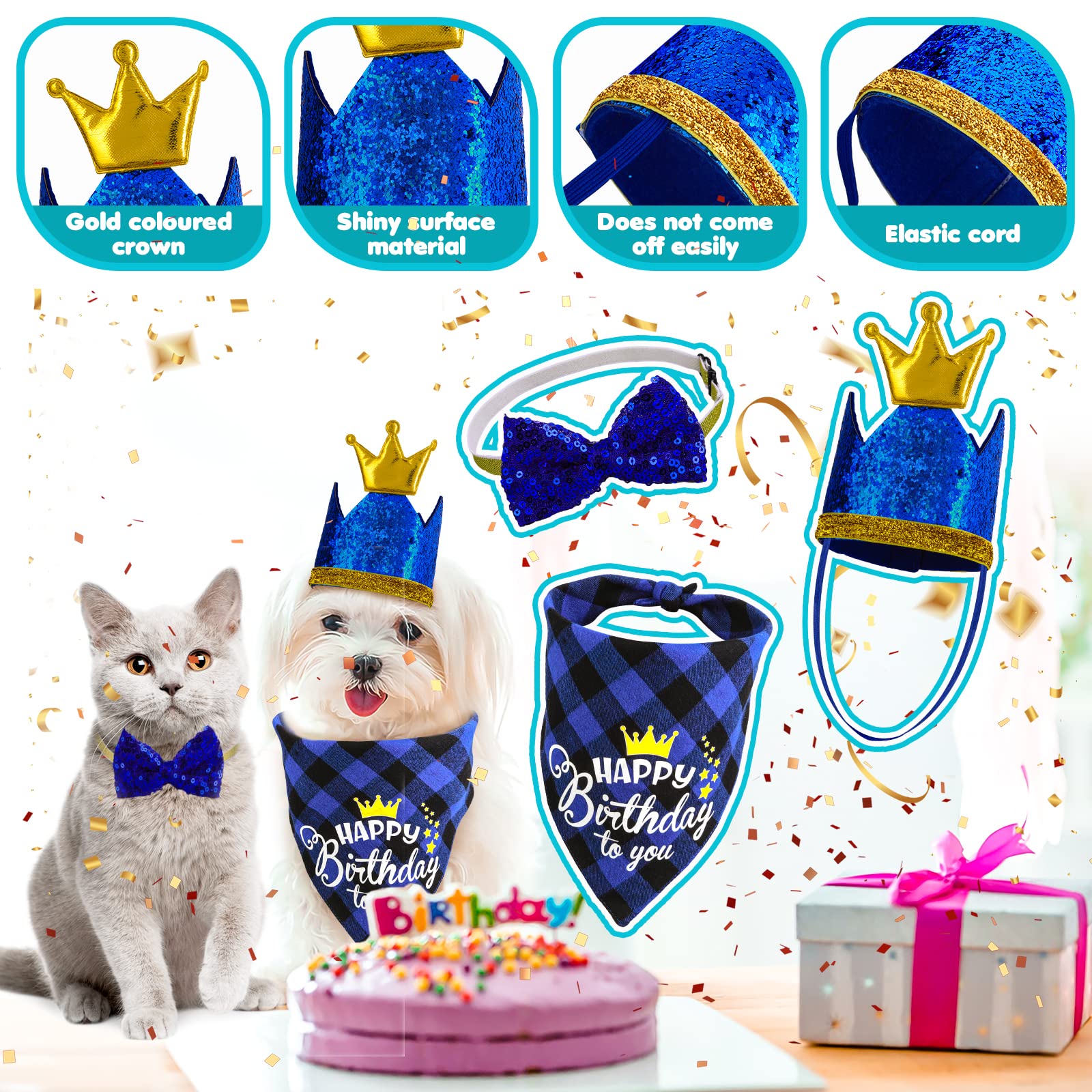 Cobee Urodzinowa bandana dla psa zestaw muszki, 3 sztuki artykuły na przyjęcie urodzinowe dla psa w kratę bandana błyszcząca korona czapka brokatowa muszka obroża dla małych średnich psów