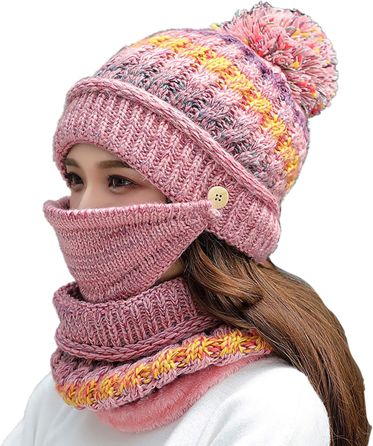 Womens Girls Knit Beanie Scarf Mask Set Soft Warm Fleece Lined Winter Ski Hat with Pompom
