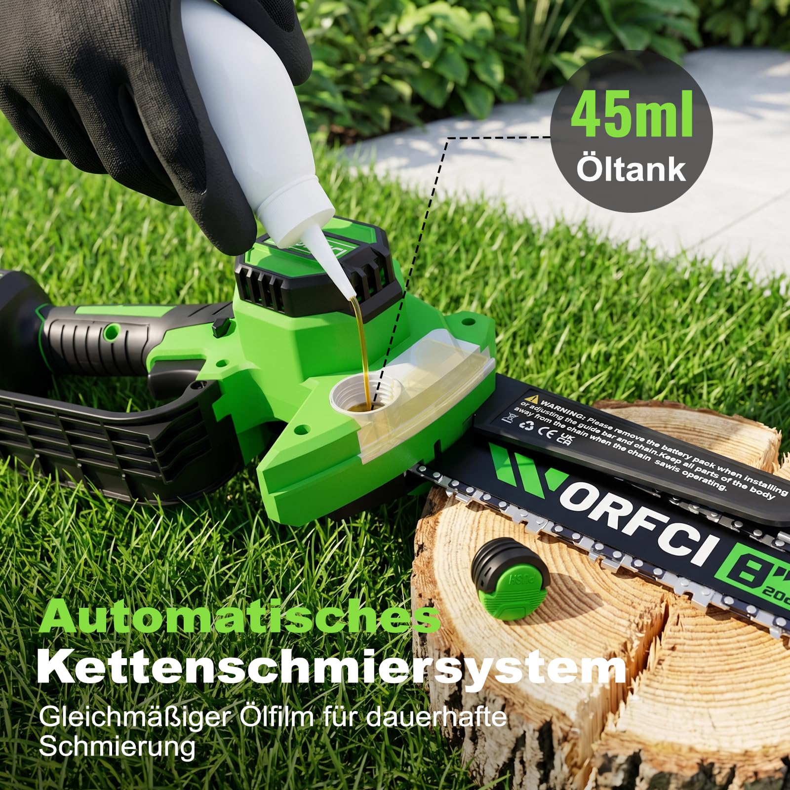 Mini 8-Zoll Akku-Kettensäge, 2 Akkus & Ladegerät, Bürstenlose Elektro Astsäge mit Automatischem Öler, Gartengerät zum Beschneiden von Holz und Bäumen