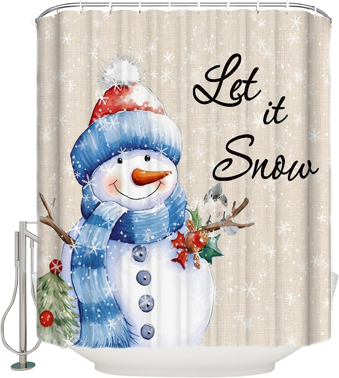 Christmas Cloth Bathroom Shower Curtain Liner, Washable Durable Bath Curtain with Hooks, Xmas Tree Snowman Snowflake Bird Textured Decorative Shower Curtains 48"x72"