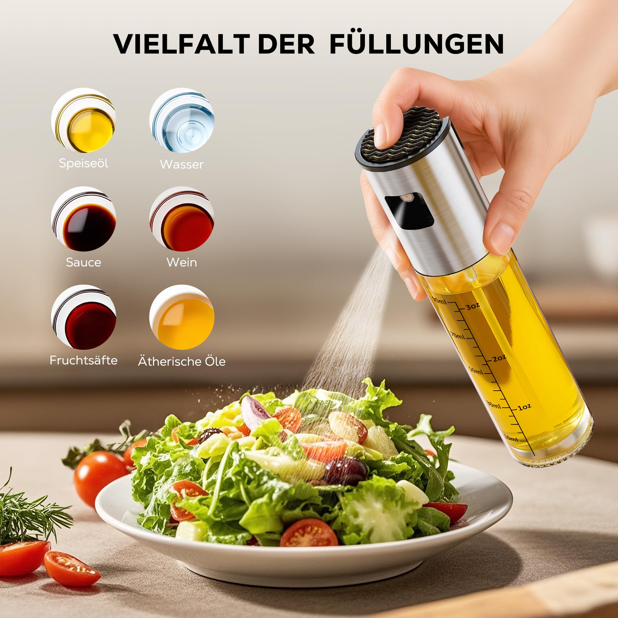 KitchenBoss Ölsprüher für Speiseöl 100ml Ölspray für Heißluftfritteuse, Öl Sprühflasche zum Kochen Air Fryer Spray für Salat, Grillen, Backen-Inkl Backpinsel Trichter Bürste (2PCS) Küche, Haushalt & Wohnen