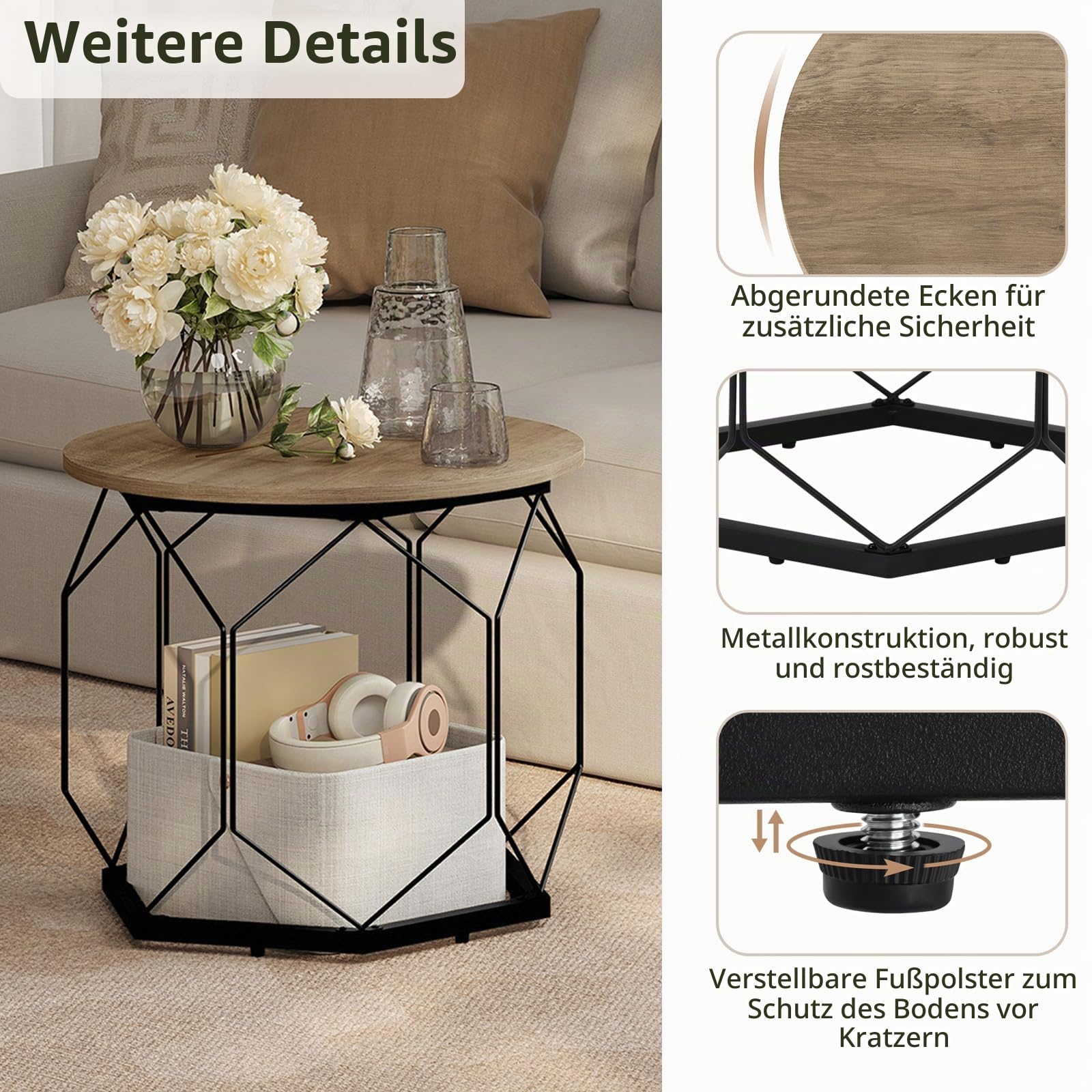 WOLTU Couchtisch 2er Set,Beistelltisch rund,hohlem Metallrahmen | Wohnzimmertisch mit Stauraum,Graue Holzoptik,einfache montage,bis 25 kg,für Wohnzimmer,Schlafzimmer ,Büro