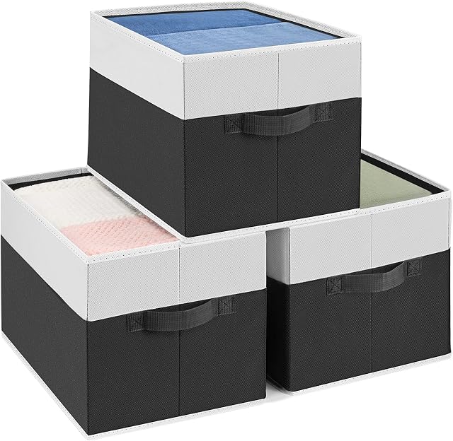 DIMJ 3 Pack Foldable Storage Boxes Fabric Storage Basket with Handle Wardrobe Storage Organiser Box Storage Bins for Shelves, Bedrooms, Study Room, Children's Room