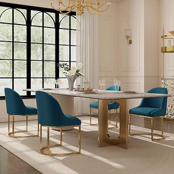 Velvet Dining Chairs Set of 4, Modern Dinning Room Chairs with Golden Metal Frame & Legs, Upholstered Kitchen Chair Armless Accent Side Chairs for Living Room/Kitchen/Dining Room, Teal Blue