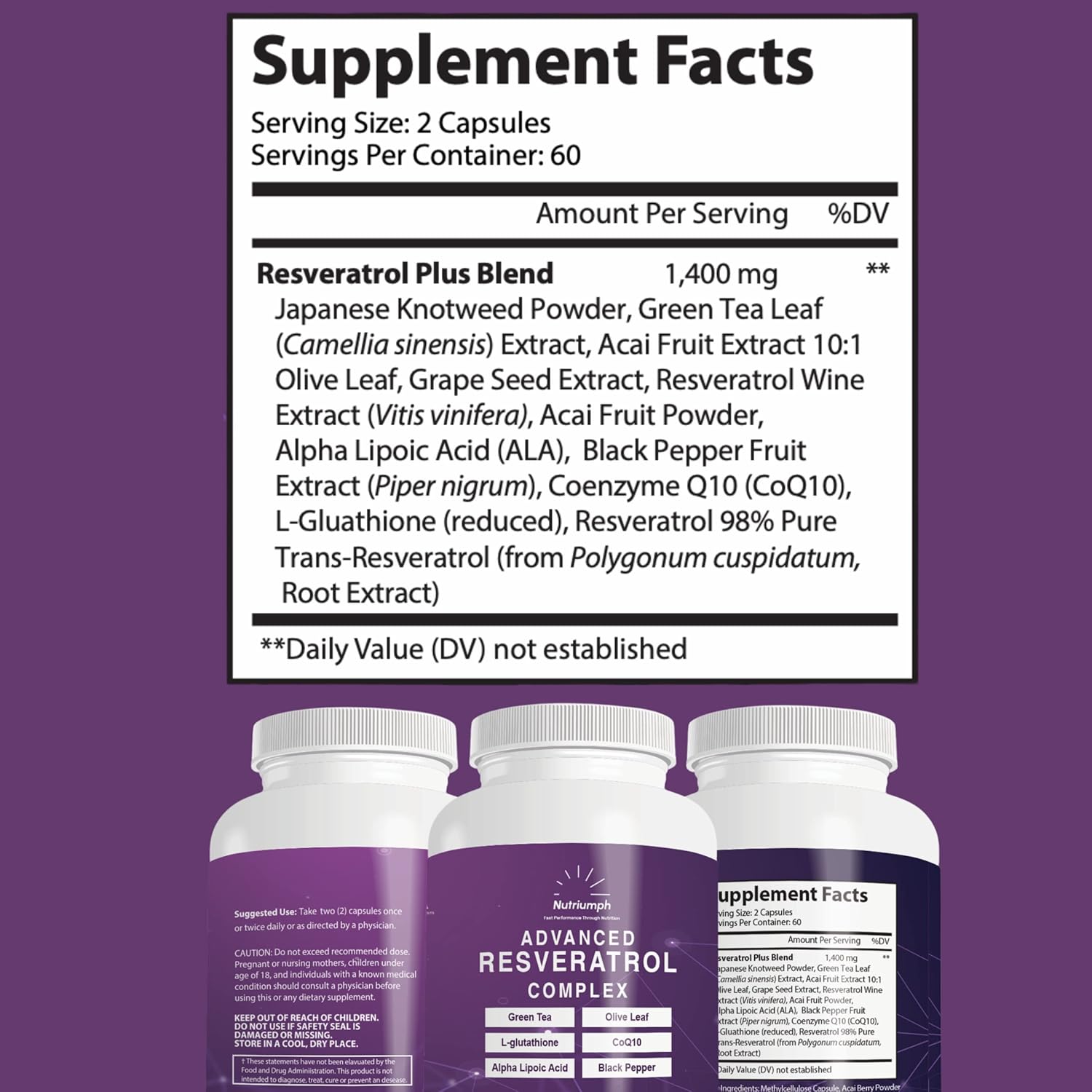 Advanced Resveratrol Complex – 1400mg Antioxidant Supplement with CoQ10, L-Glutathione, Alpha Lipoic Acid, Green Tea, Olive Leaf, and Black Pepper – 120 Vegan Capsules – Non-GMO, Made in USA