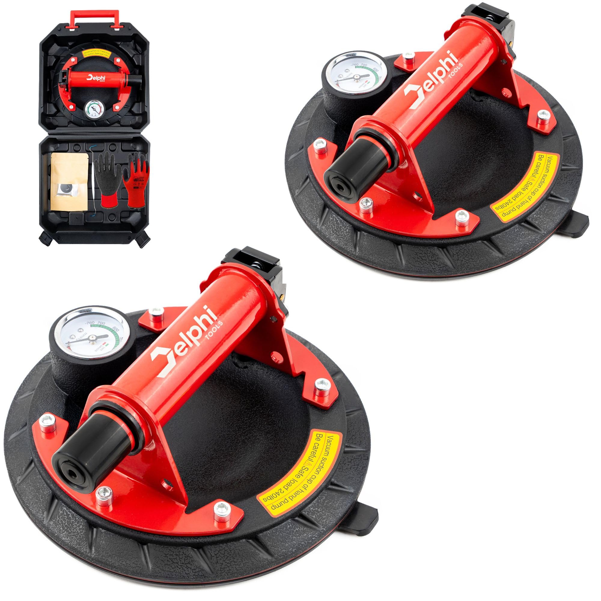 DELPHI Set di sollevatori a ventosa per piastrelle, aspirapolvere in vetro, 120 kg, 200 mm, ergonomico, manico di aspirazione antiscivolo per piastrelle, per il trasporto sicuro di piastrelle, dischi