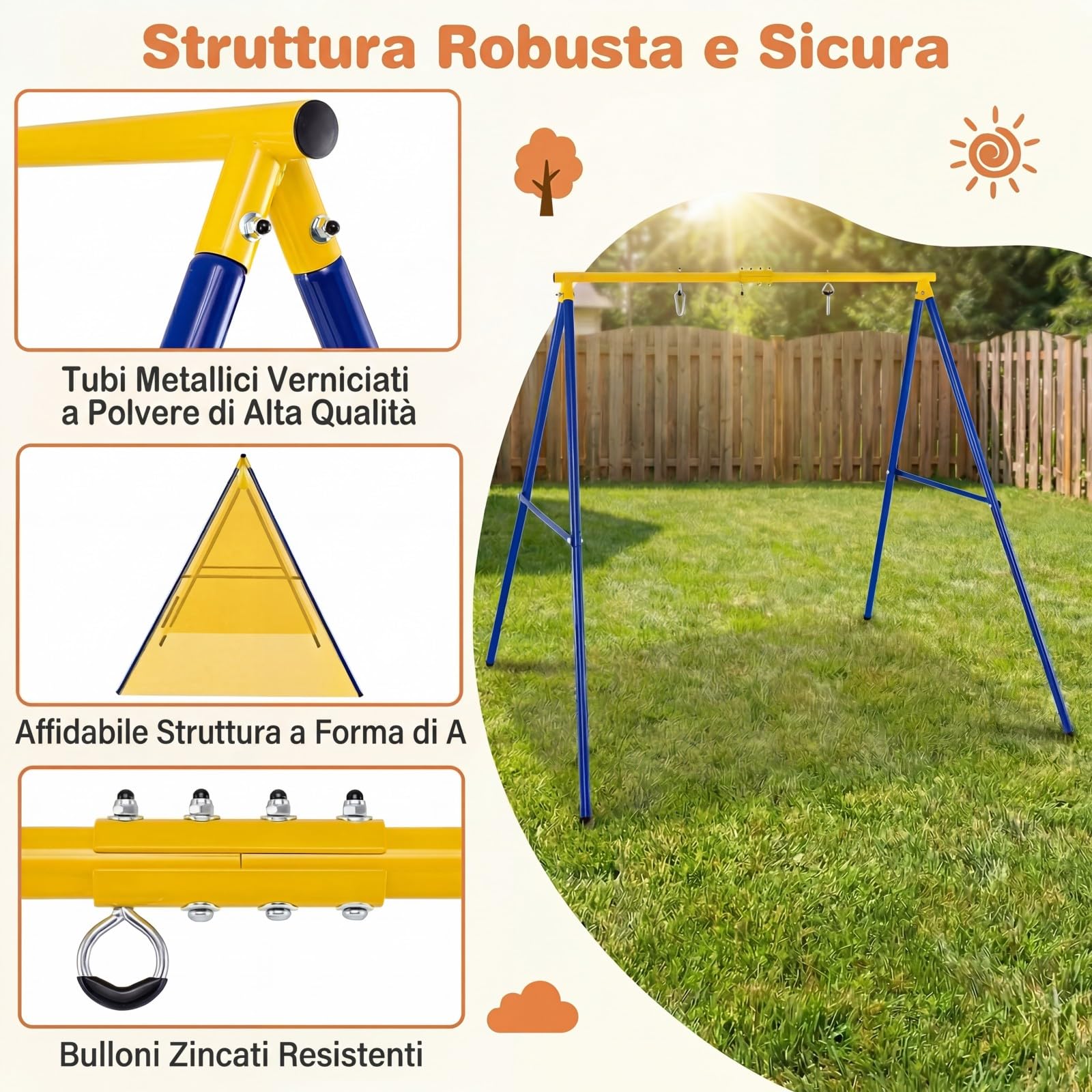 RELAX4LIFE Struttura per Altalena Singola, Telaio di Ferro Stabile e Durevole, a Forma di A con 200 kg, 194 x 184 x 180 cm (Solo Telaio-Giallo/Blu)