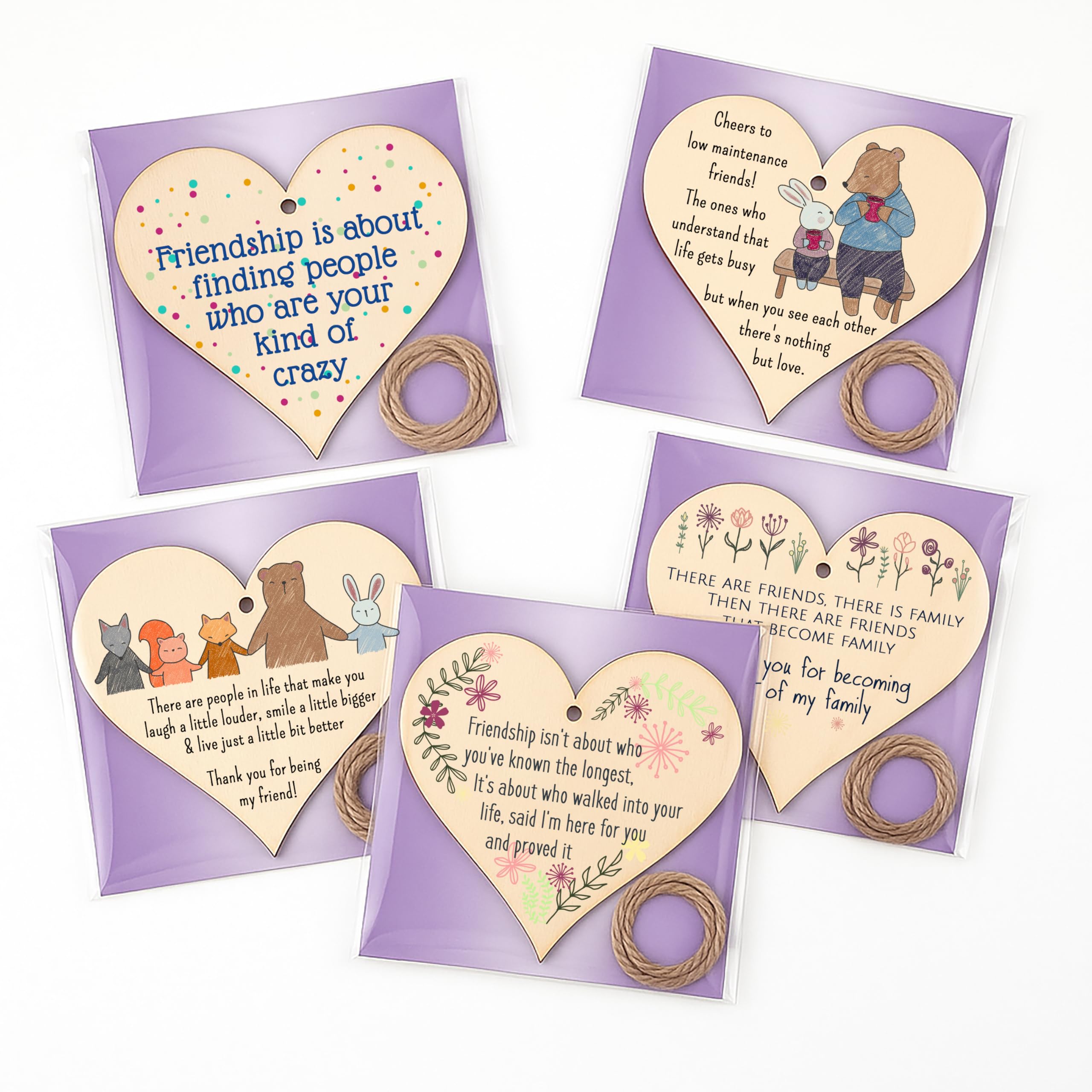 Pack of 5 Sentimental Friendship Gift Plaques – x5 Set of Wooden Heart Hanging Signs with Uplifting Message – Best Friend, Colleague or BFF Present – Rustic Twine, Ready to Post