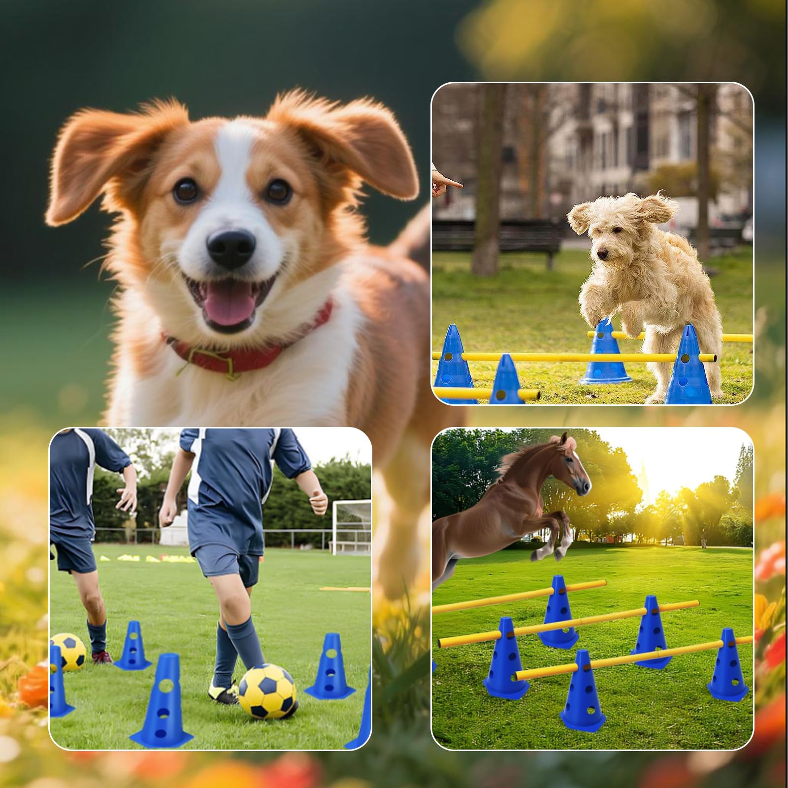 4 Stück Steckhürdenset Große Hunde, Hundeparcours Kegel Plastik Agility Set Hunde Klein Indoor Einstellbare Trainingshürden mit 8 Kegel 23cm und 4 Stangen 100cm für Pylonen Hundetraining