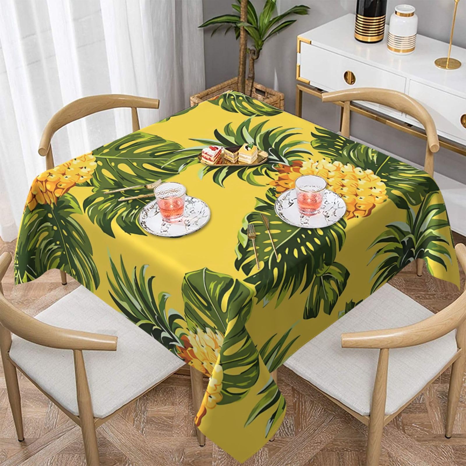 DCEHGEW Yellow Pineapple Prints Square Tablecloth 152x152 CM, Waterproof Fabric Table Cloth for Dining Table, Farmhouse Table Cover for Kitchen Dining Tabletop Decoration