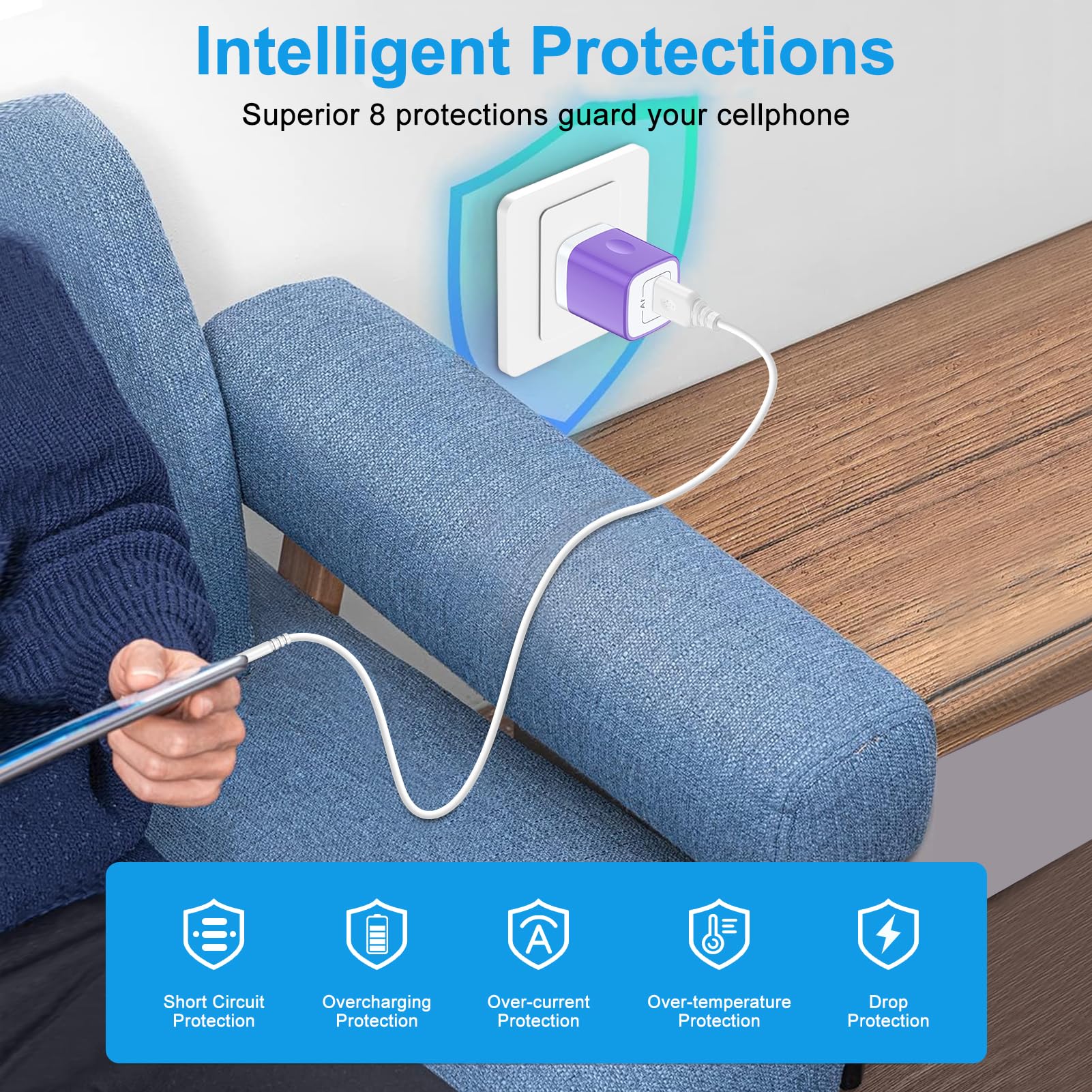 Cargador de enchufe de pared USB-A morado para Google Pixel 8a 8 7 Pro, Samsung Galaxy A55/A15/A53, S24/S23/S22/S21, paquete de 2 adaptadores de alimentación USB, caja de carga de enchufe de ladrillo