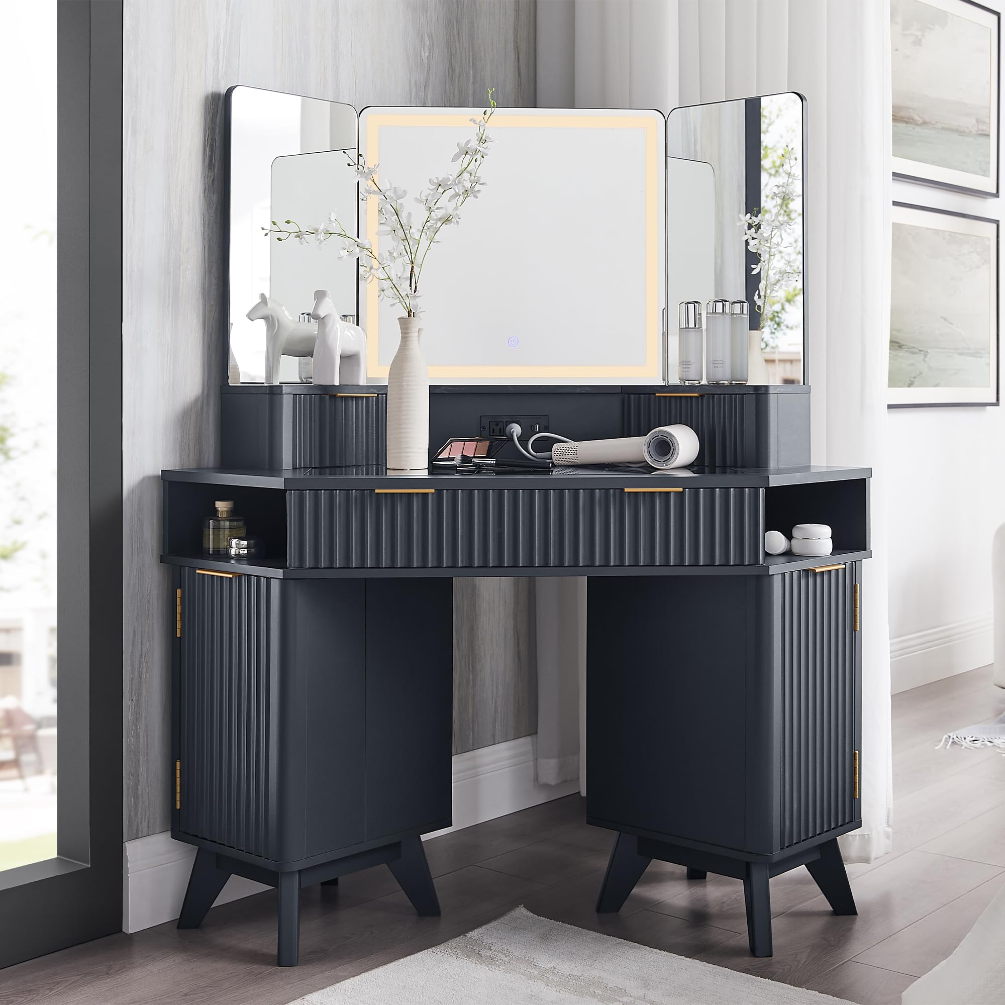 T4TREAM Fluted Makeup Vanity Desk with 3 Way Mirror and Lights, 48" Large Corner Vanity Table with Glass Top, Charging Station, 3 Drawers, Storage