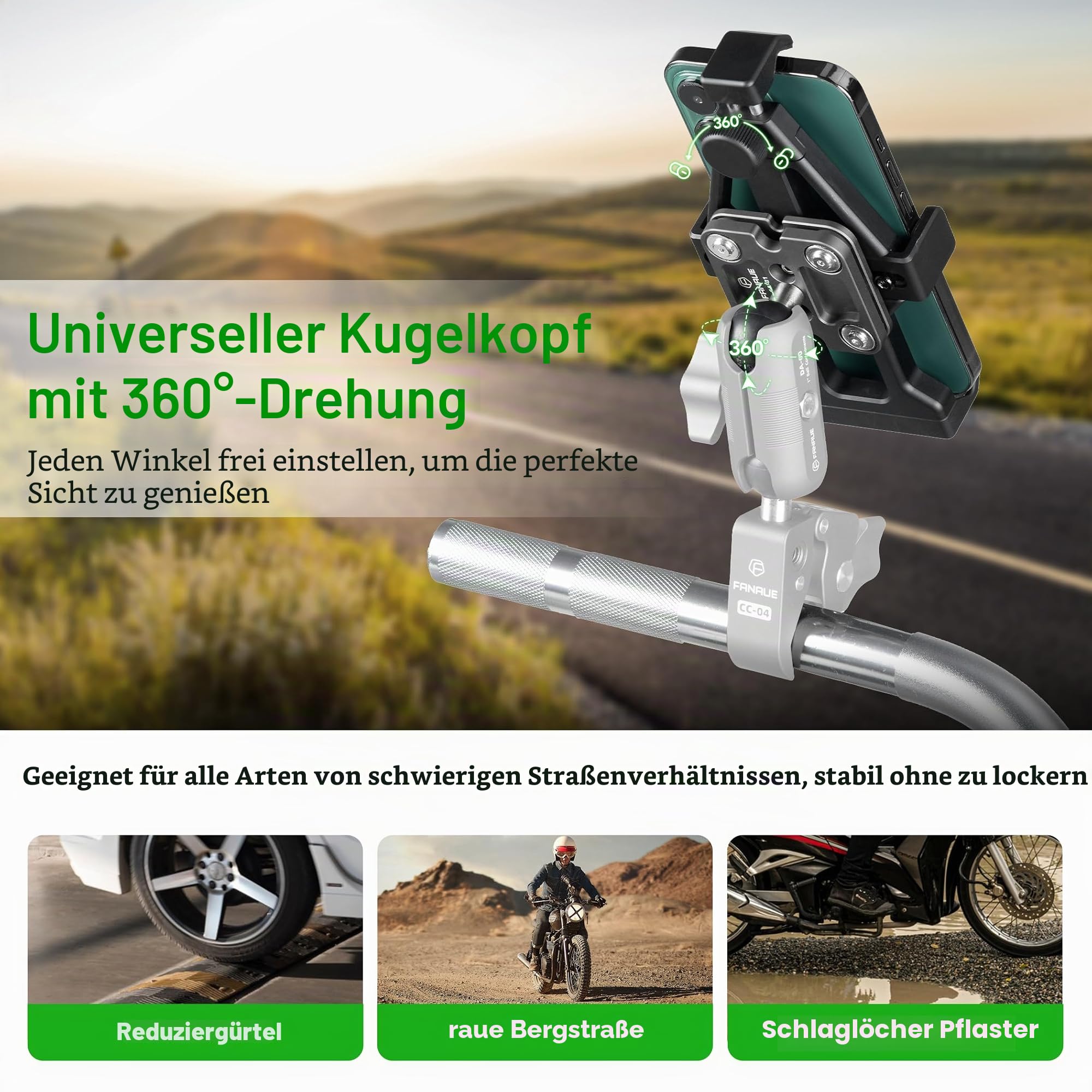 FANAUE CPC-05SA Anti-Vibration-Motorrad-Telefonhalterung mit 2,5 cm Kugelkopf für RAM-Halterungen, B-Größe, Doppelbuchsenarm und Fahrrad-Handyhalter für 5,5-7 Zoll Smartphone, Anti-Locker-Knopf,