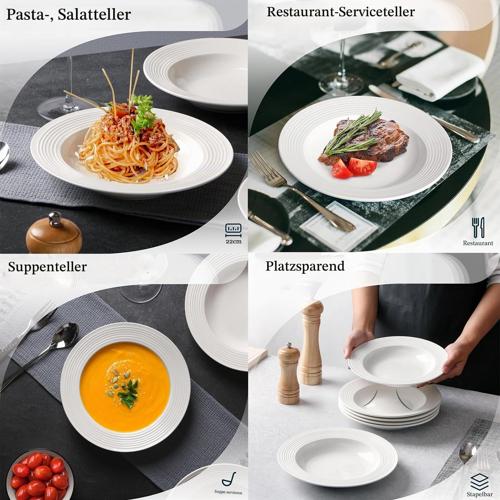 Ayicheyl Tiefe Teller 6 Stück, Salatteller Suppenteller Plastik Pastateller 22cm,Modern Teller Set Wiederverwendbar Geschirr für Salate, Suppen, Müsli, Nudeln,Weiß Beige Grün Küche, Haushalt & Wohnen
