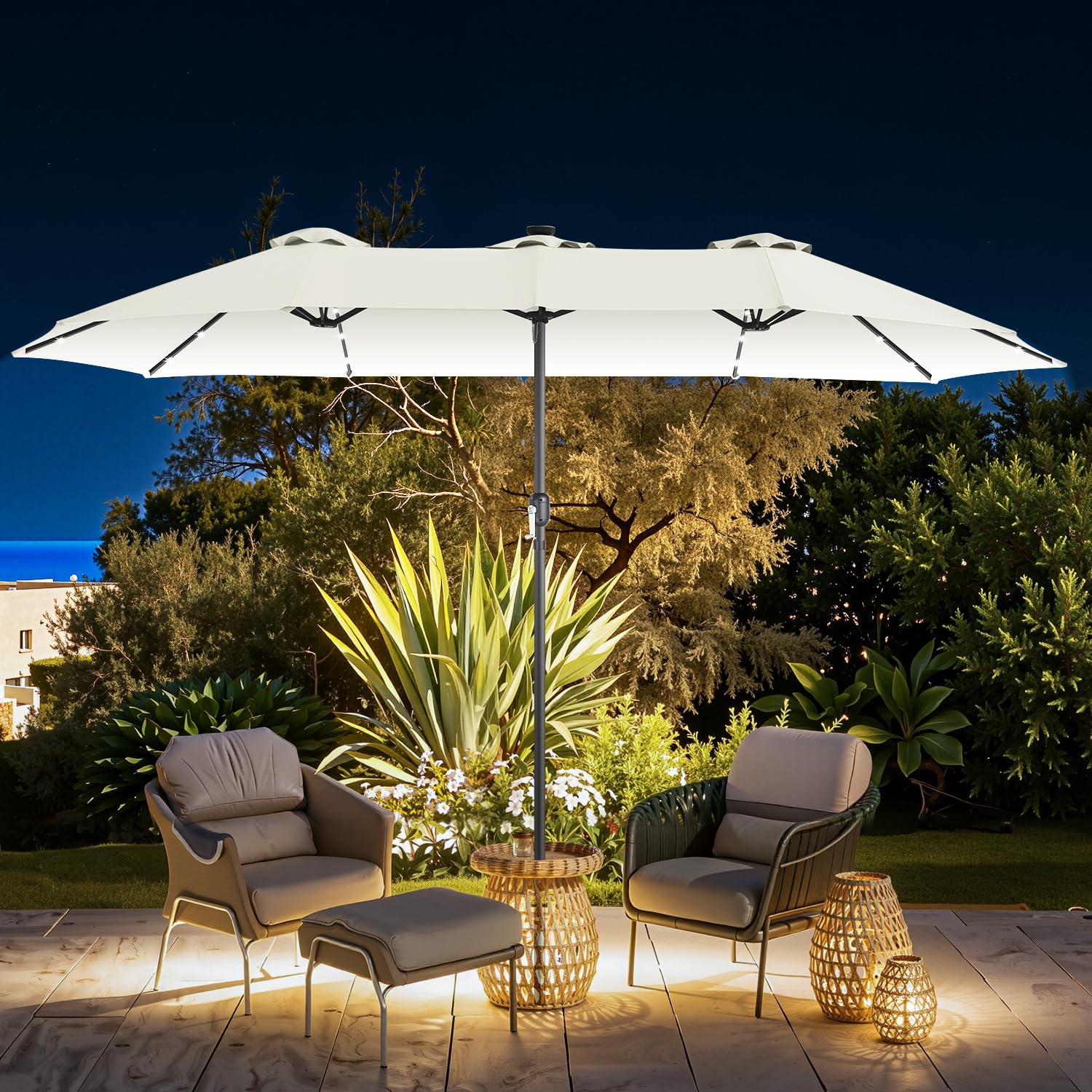 Parasol tarasowy z diodami LED 464 x 279 cm, bardzo duży parasol przeciwsłoneczny z korbą, ochrona przed promieniowaniem UV, bez stojaka, odporny na wiatr, na taras, do ogrodu, beżowy