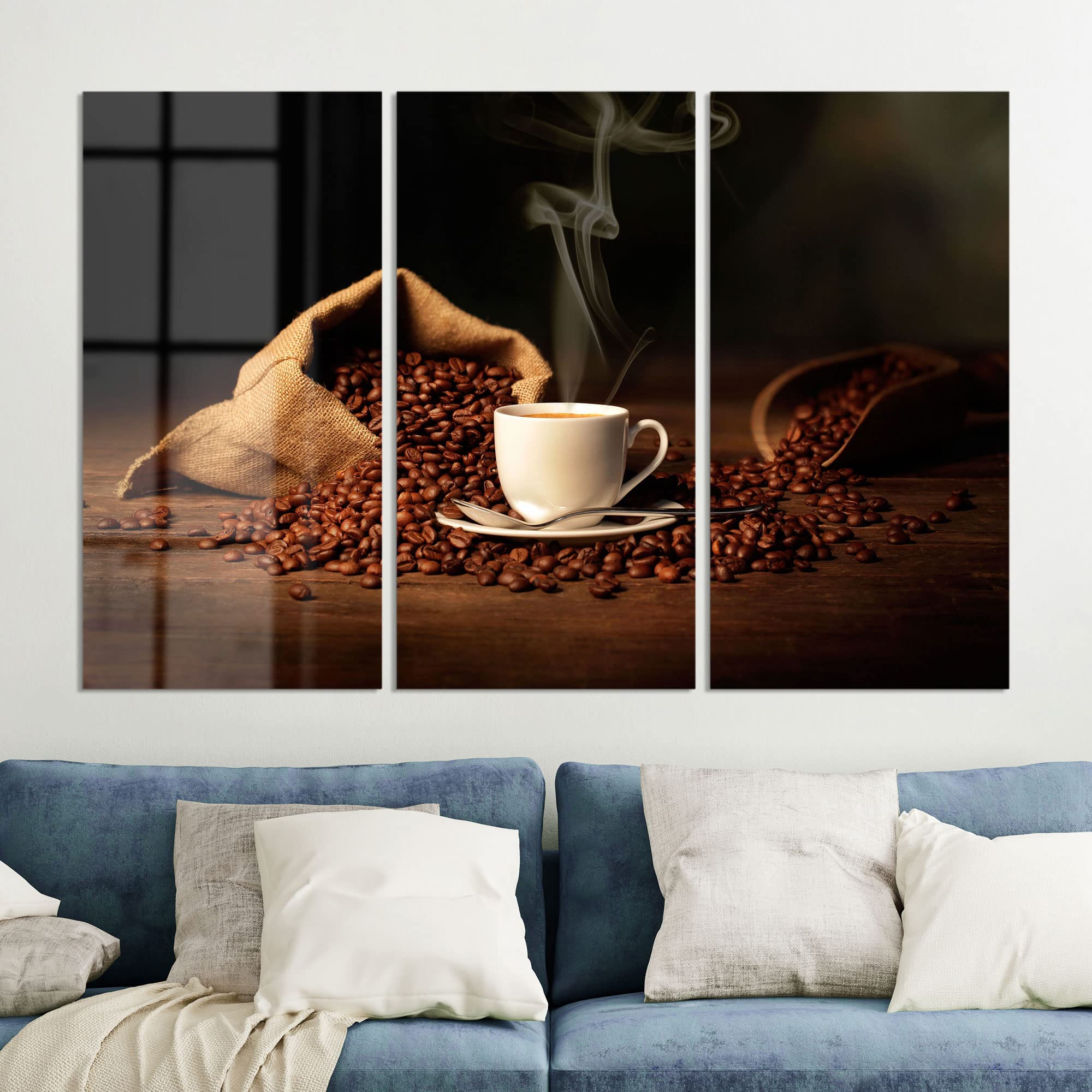 DEQORI Obrazy na szkle z prawdziwego szkła, motyw filiżanki do kawy z fasolami, poziomy, 3-częściowy, 150 x 100 cm, duża dekoracja XXL, obrazy ścienne do salonu, sypialni, przedpokoju i kuchni, nowoczesna dekoracja ścienna