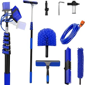 30FT Reach Solar Panel Cleaning Brush Kit with 5-24FT Telescoping Pole, 40FT Hose, 20" Water Fed Brush, Soap Dispenser, Cobweb Duster, Squeegee & High Ceiling Duster for Roof, RV, Gutter, Boat, Deck