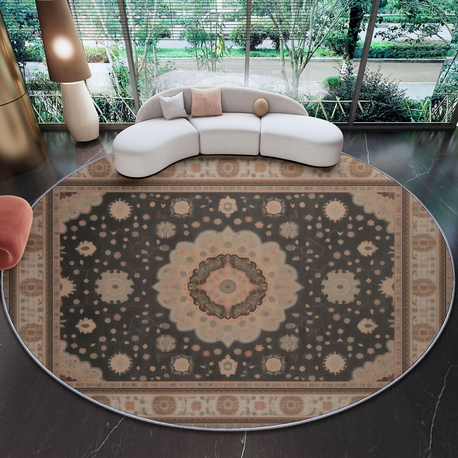 Nero Marrone Tappeto Rotondo Salotto, 120 cm Etnico Effetto Consumato Geometrico Floreale Stampa Morbido Tappetini Antiscivolo Tappeto per Bambini Cameretta Cucina Casa Zona Balcone Tappet Tavolino
