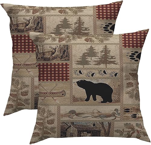 Funda de almohada rústica con diseño de oso occidental, 2 piezas, 18 x 18 pulgadas, funda de almohada decorativa para decoración de sofá y vida