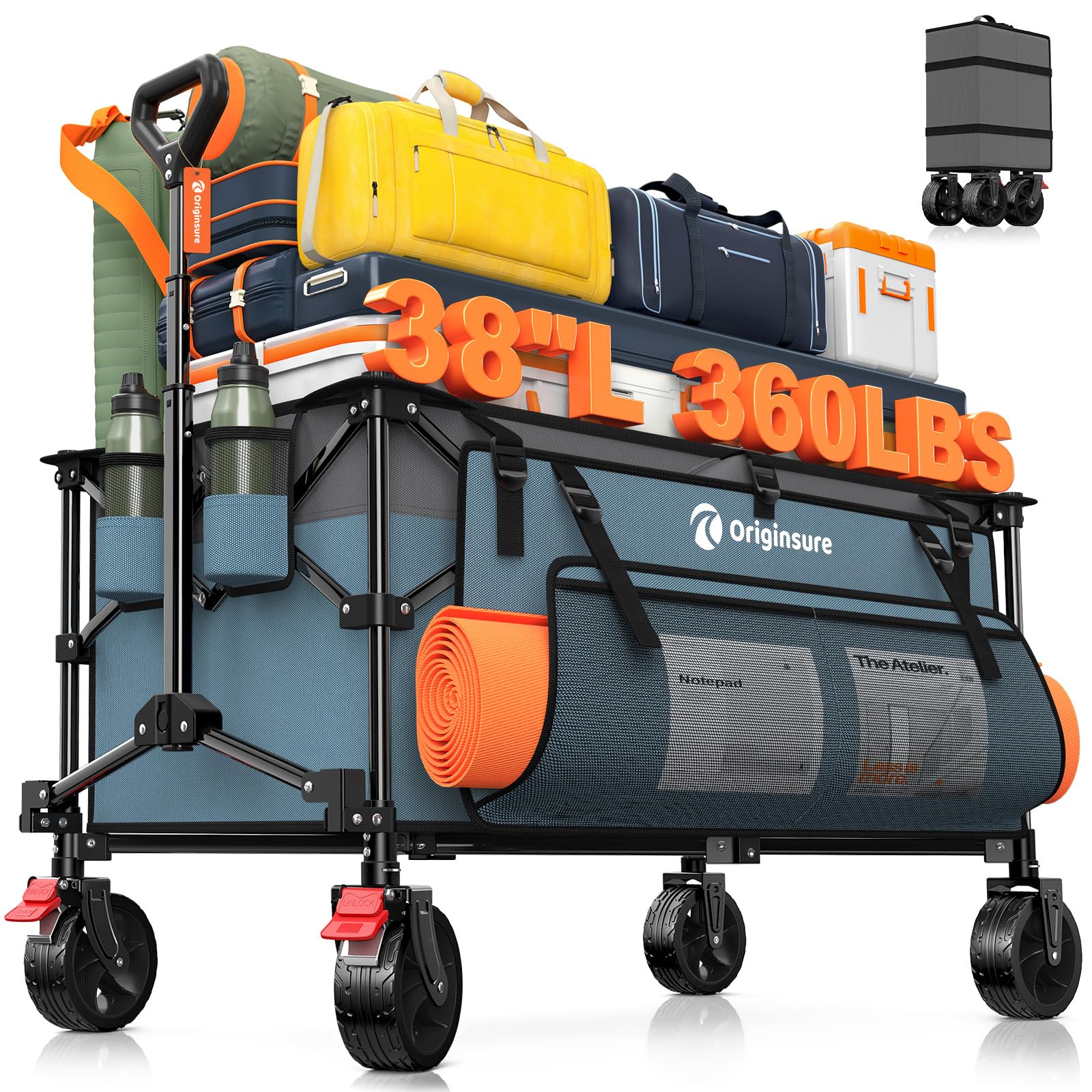 Originsure 220L Collapsible Wagon Cart Foldable, 38" L Extra Large Heavy Duty Folding Beach Wagons with All-Terrain Wheels, Utility Carts for Camping,