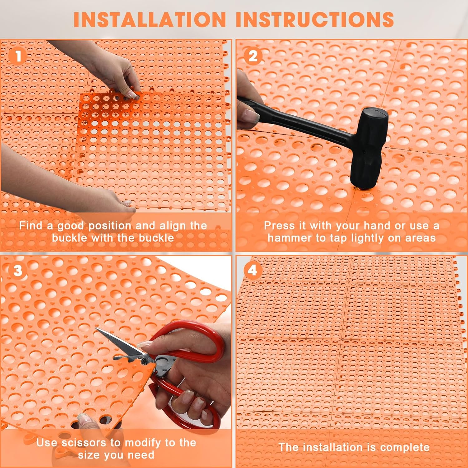 Drainage Tiles Modular Interlocking Floor Tiles with 1 Pc Plastic Hammer 12" x 12" Cushion Mat Non Slip Rubber Floor mat with Holes for Pool Bathroom Deck Kitchen Patio(Orange,8 Pack) - Image 4