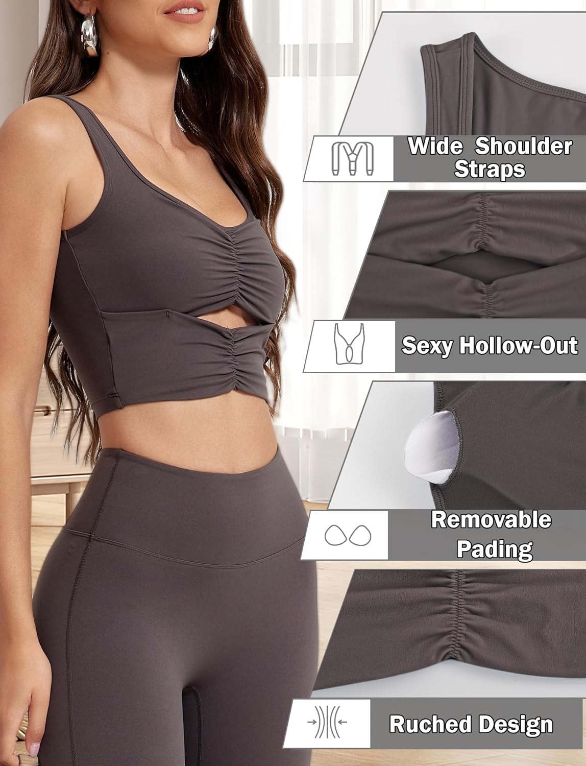 FEOYA Women’s Workout Tops Padded Sports Tank Top Strappy Yoga Crop Top Sleeveless Gym Shirt with Bra Pads
