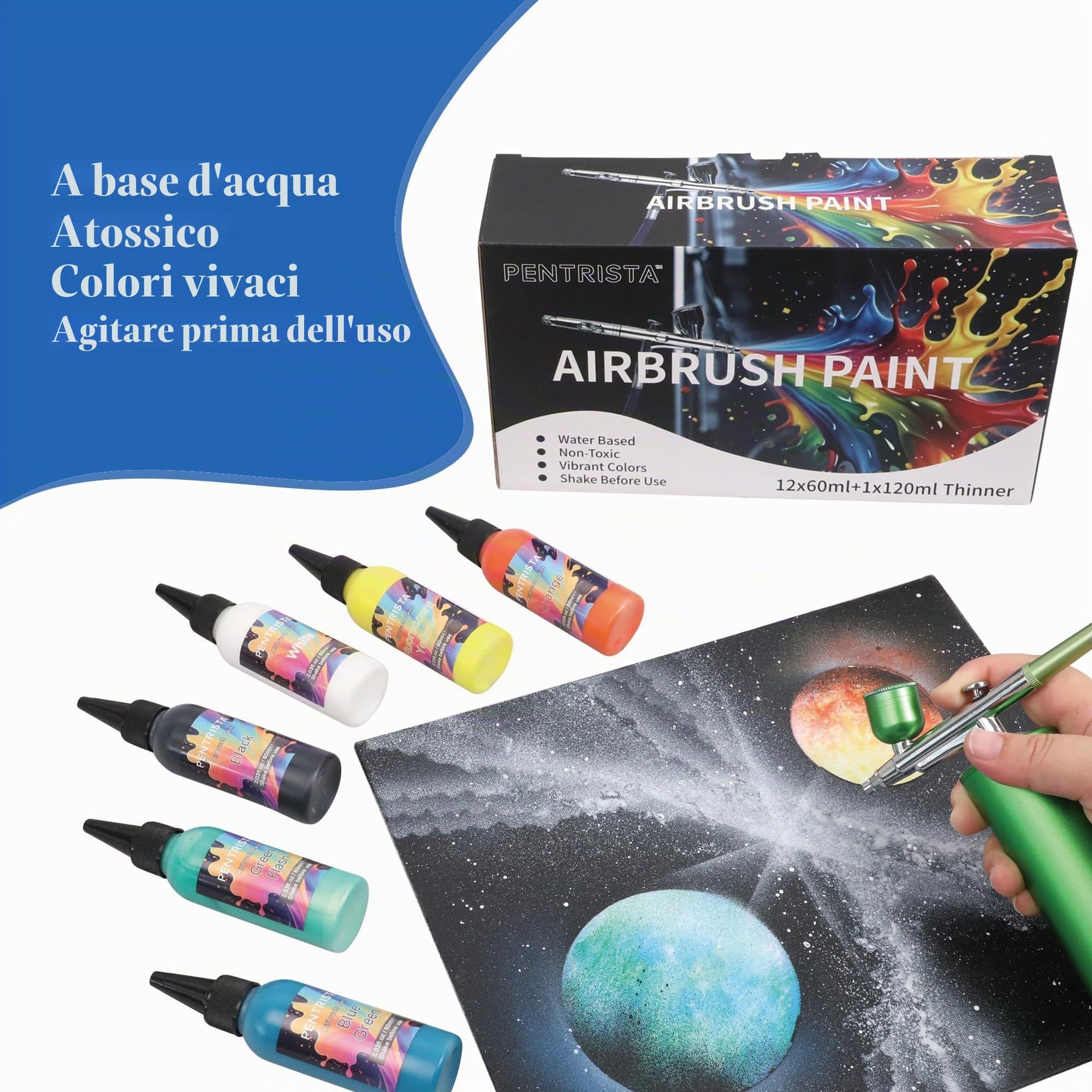 Set di colori per aerografo da 60 ml, 3 diluenti da 120 ml | colori acrilici opachi e a base di lavaggio, carta, tele, modelli, kit di colori per aerografo in legno