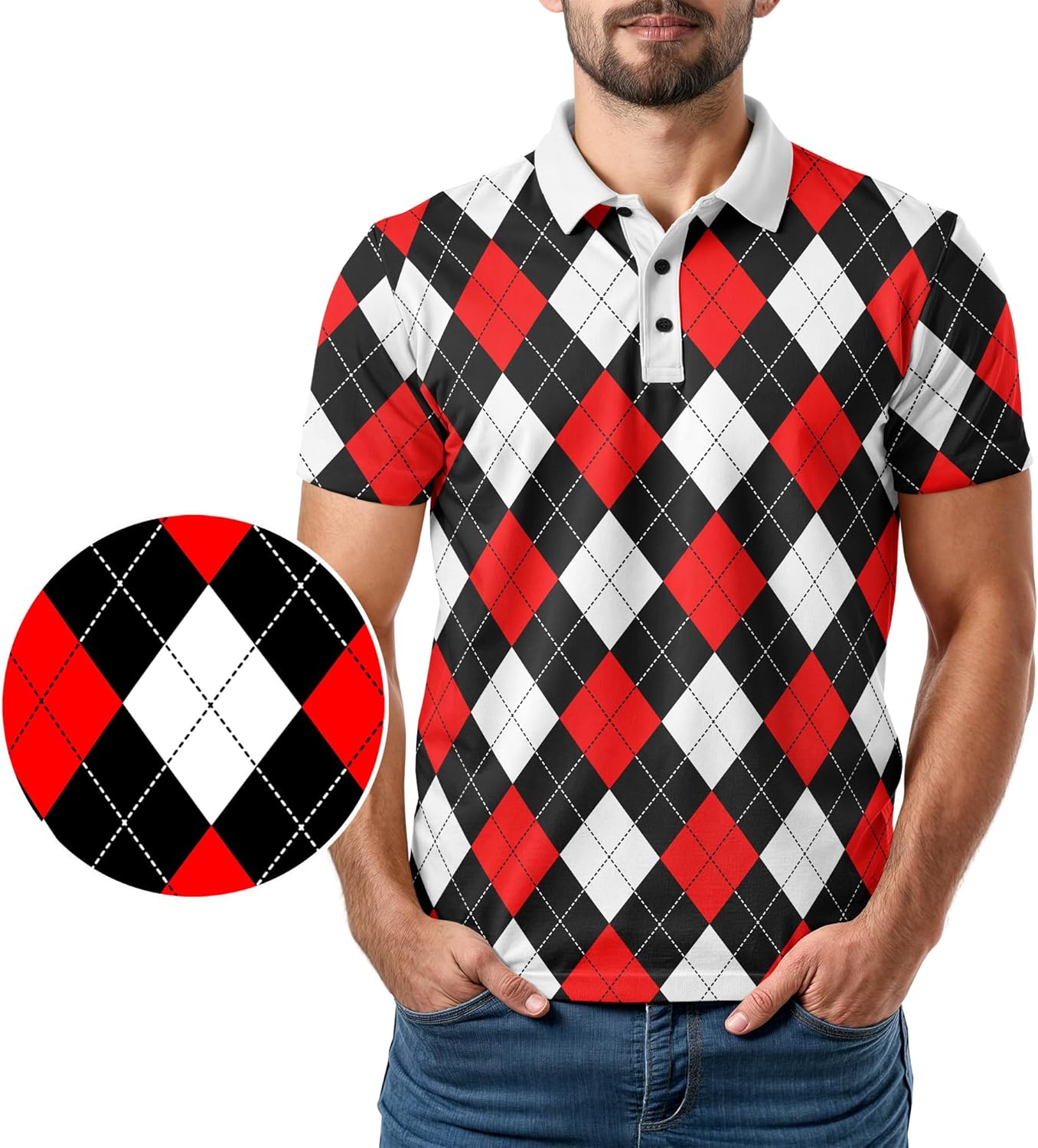 Men Argyle Golf Polo Shirt – Light Moisture Wicking Performance Casual Short Sleeve Relaxed Fit Quick Dry Funny