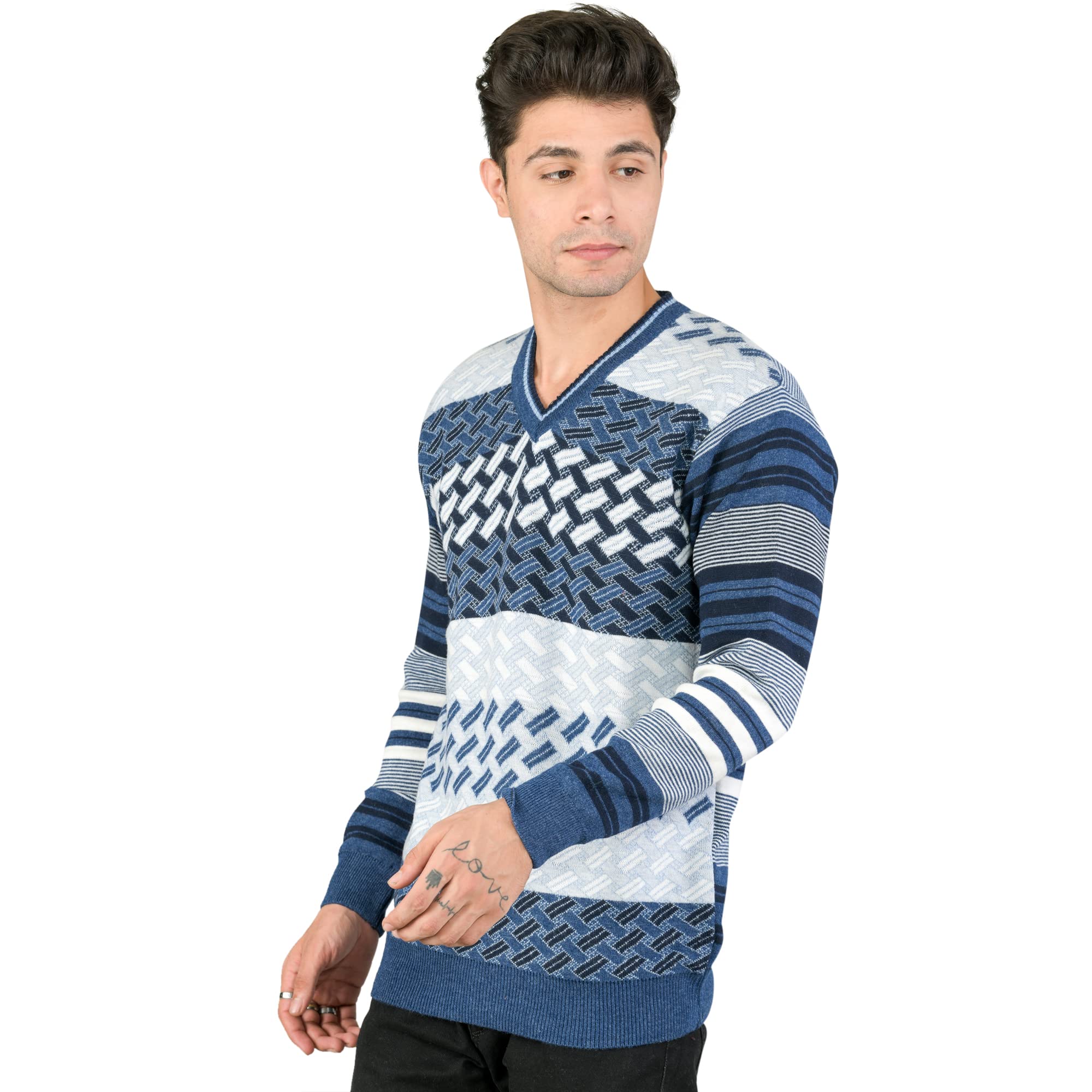 mont connett Men Woolen V-Neck Printed Self Design Pullover Heavy Rainbow Fabric Winter Wear 100% Pure Wool Cardigan for Men Long Coaty Fully Warm Heavy Pullover Cardigans Free Sizes-picture-10