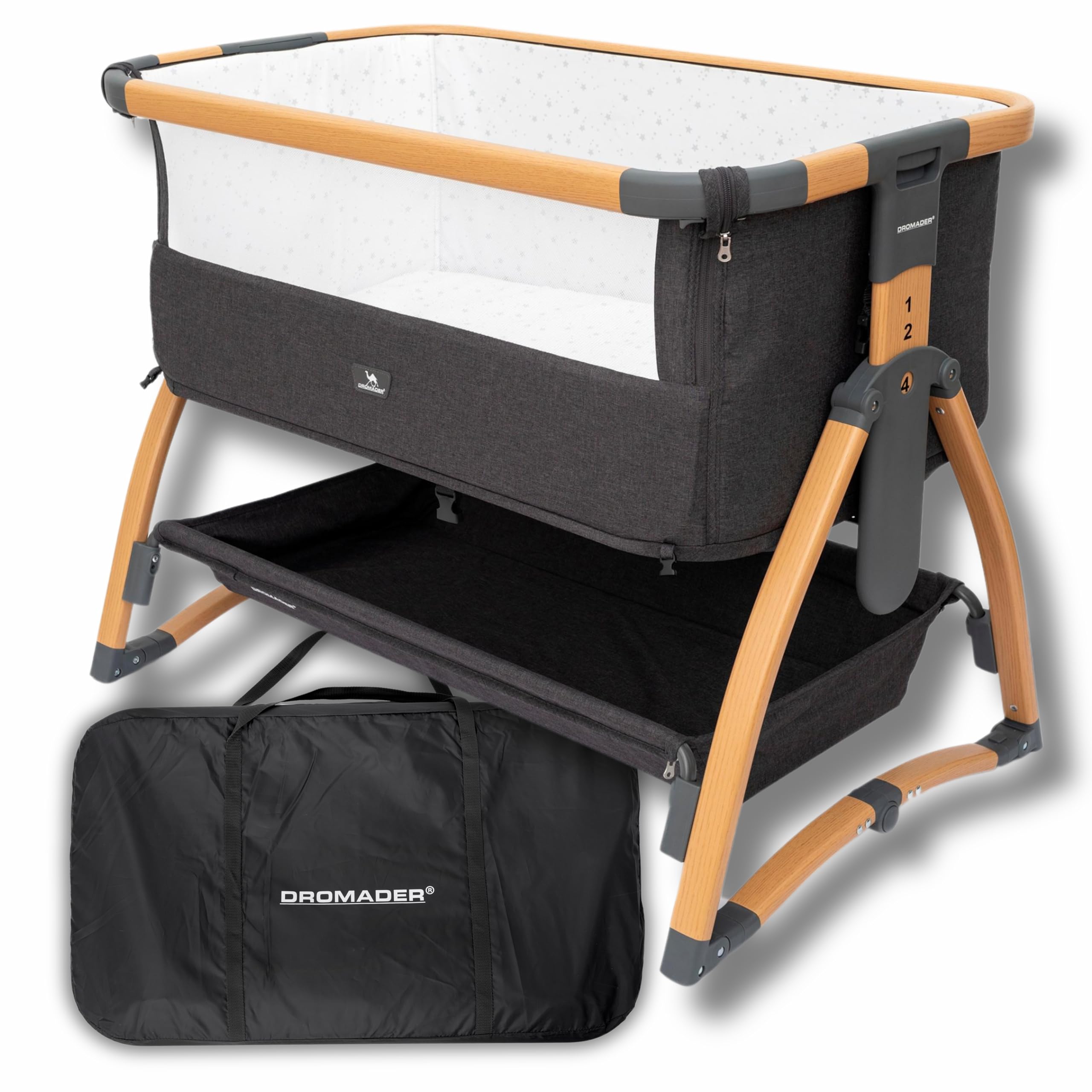 DROMADER Berceau Cododo Évolutif | Lit Bébé à roulettes, 7 Niveaux | Lit cododo, côté rabattable · Réglable sur 7 niveaux · Matelas fourni · Cadre bois à roulettes · Pliable