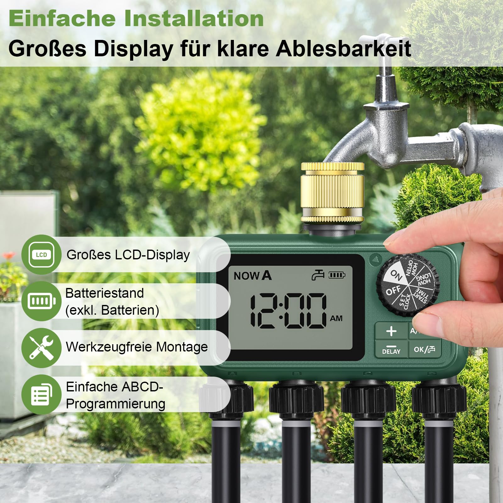 Sterownik nawadniania, 4 wyjścia, mosiężny wlot, duży wyświetlacz LCD, zegar nawadniający, automatyczne nawadnianie, zegar sterujący z opóźnieniem deszczu, ręczny zegar sterujący do ogrodu, na trawnik