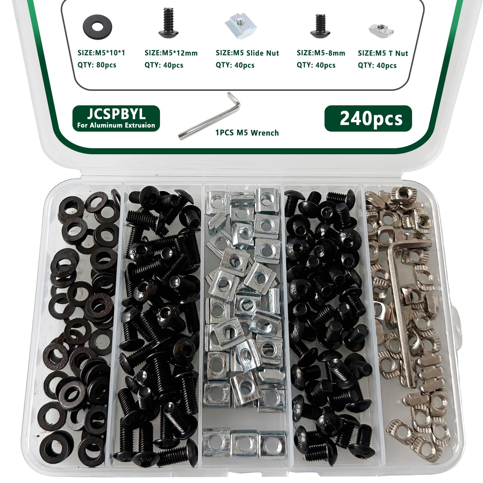 80 pcs M8 T Nut Screws Kit for 4040 4080 Aluminum Extrusion, 26 pcs Black M8x12/16/20mm Hexagon Socket Carbon Steel Screws and 26 pcs M8 Drop in T-Nuts, 28 Washers with Hex Wrench — Amazon image 15