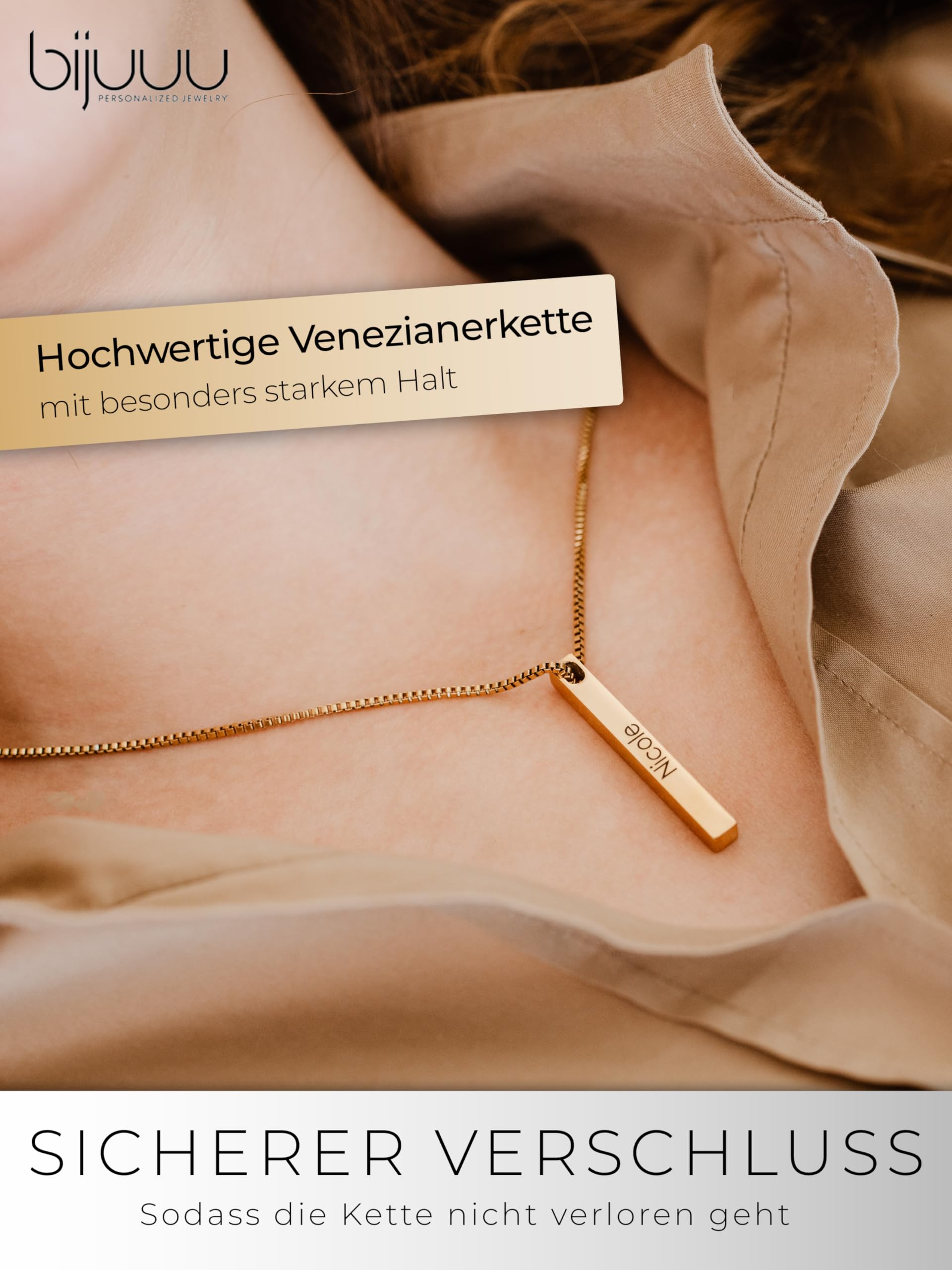 bijuuu Säulenkette personalisierbar mit Gravur – Wasserfeste Stabanhänger Halskette – Namenskette mit Karabinerverschluss – 50-55 cm Länge aus 316L Chirurgen Edelstahl