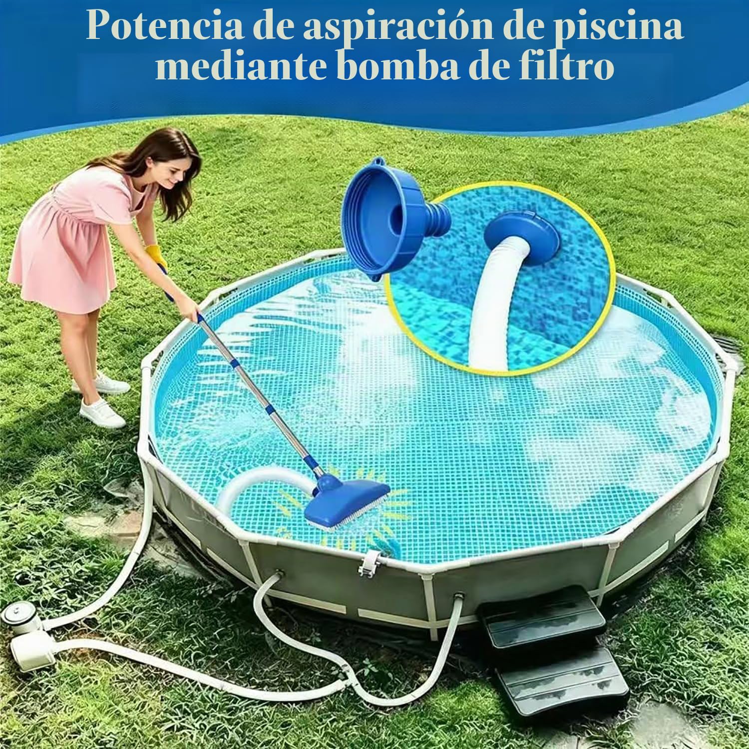 Limpiafondos Piscina Manual con Mango TelescóPico De 2,3 M, Cepillo Aspirador con Manguera RetráCtil De 3,5 M, Cepillo De Limpieza para Piscinas, Jacuzzis, BañEras Y Spas