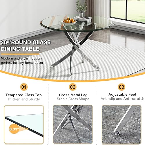 Miniatura 4 de Goujxcy Juego de mesa redonda de comedor de 5 piezas para 4, mesa de cocina moderna de cristal plateado y sillas para 4 con sillas tapizadas, juego