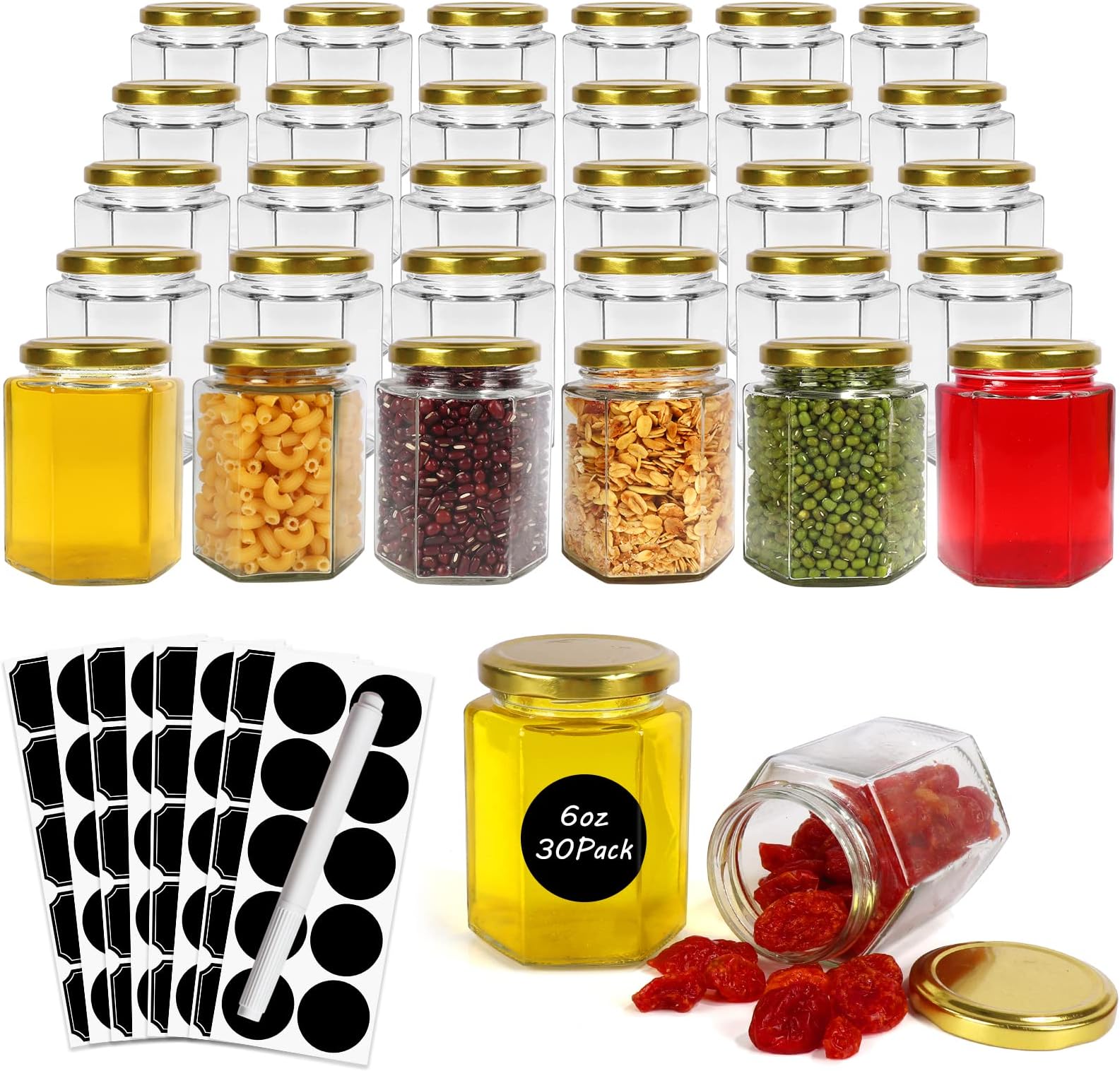 Betrome 30 Pack 6oz Hexagon Glass Jars With Gold Lids, 180ml Clear Canning Mason Jars for Honey, Spice, Jams, Shower and Wedding Favors, Craft - 1 Pen and Labels Included