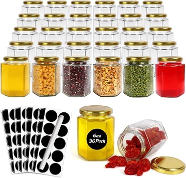 Betrome 30 Pack 6oz Hexagon Glass Jars With Gold Lids, 180ml Clear Canning Mason Jars for Honey, Spice, Jams, Shower and Wedding Favors, Craft - 1 Pen and Labels Included