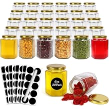 Betrome Hexagonal Jars with Gold Lids 180ml Clear Glass Honey Jars Spice Jars Mason Jars for Jams Shower Gifts Wedding Gifts Crafts 1 Pen and Labels in