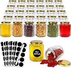 30 Pack 6 oz Hexagon Glass Jars with Gold Lids, 180ml Clear Glass Canning Jars Honey Jars Spice Jars Mason Jars for Herb, Jams, Shower Favors, Wedding Favors, Craft, 1 Pen and Labels Included