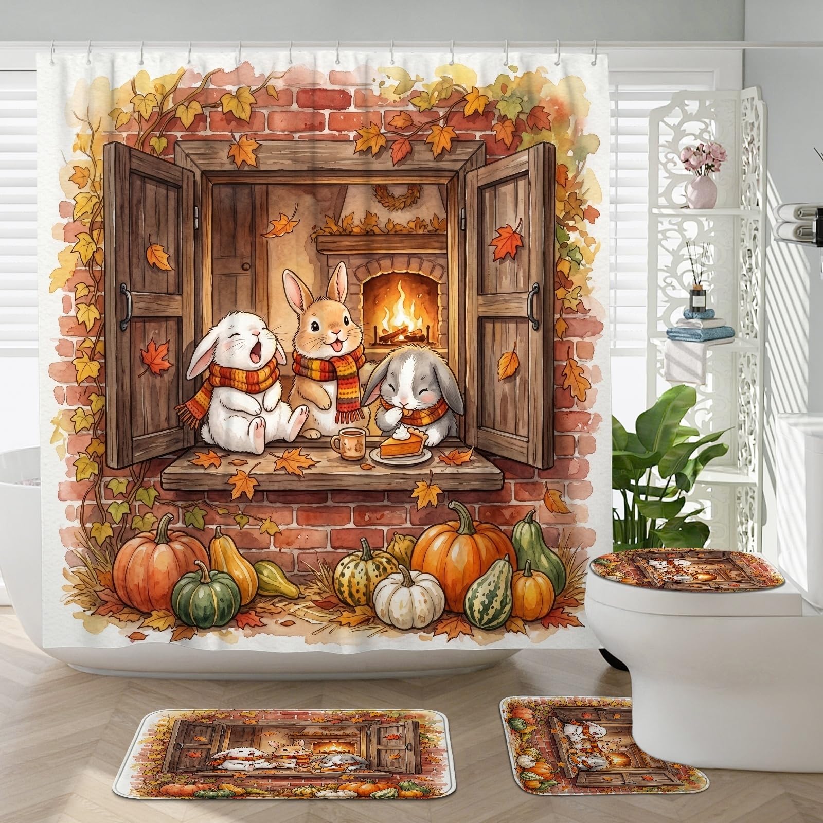 Ensemble de salle de bain d'automne haut de gamme avec grand rideau rustique
